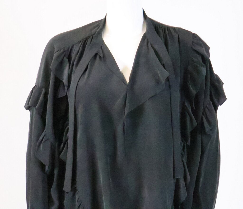 Black Silk Ruffle Detail High-Low Top (L)