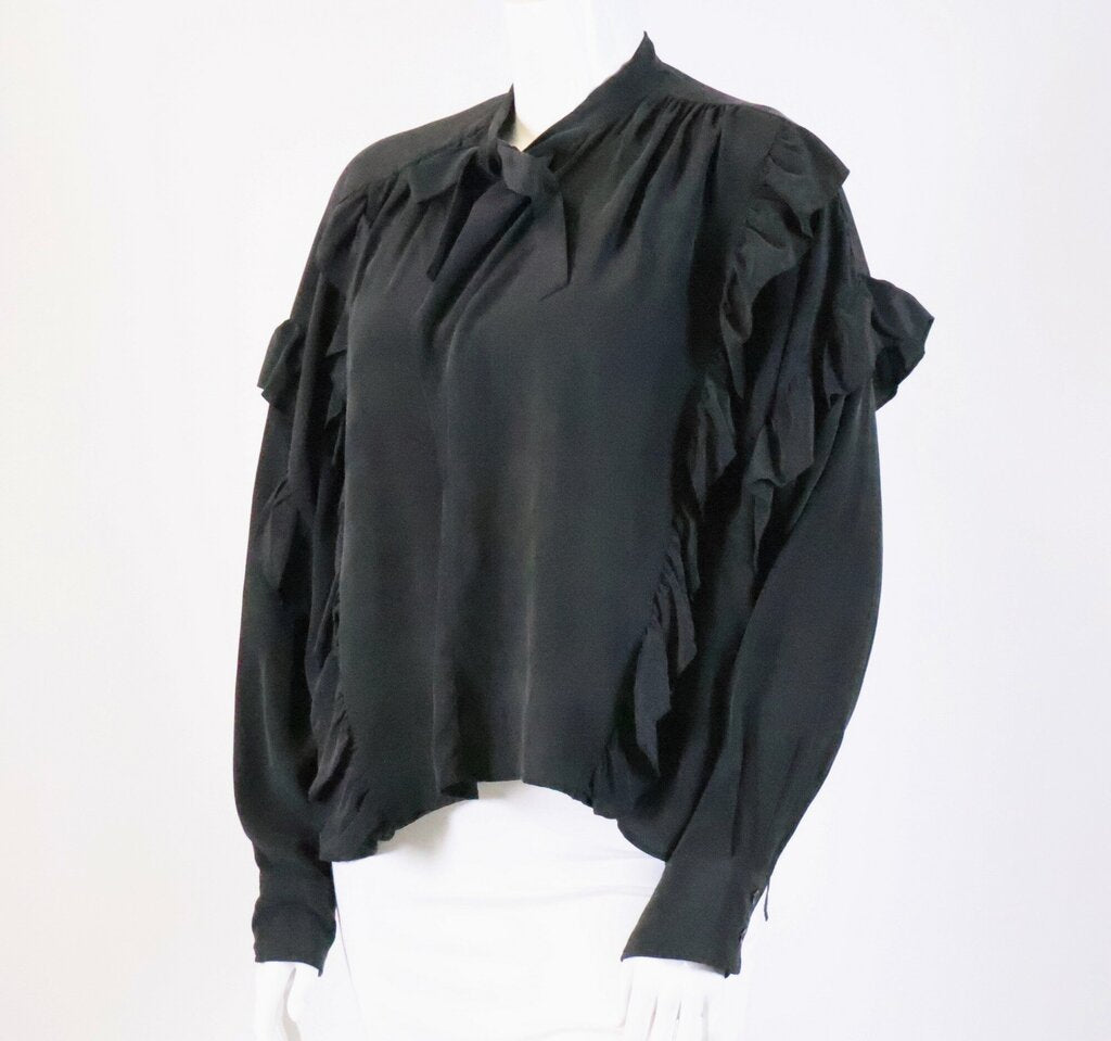 Black Silk Ruffle Detail High-Low Top (L)