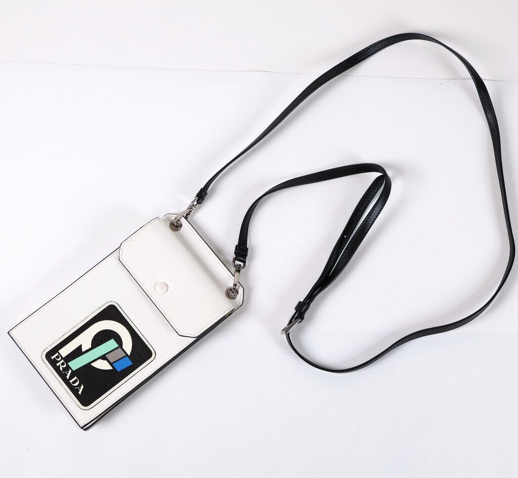 White and Black Saffiano Crossbody Phone Pouch