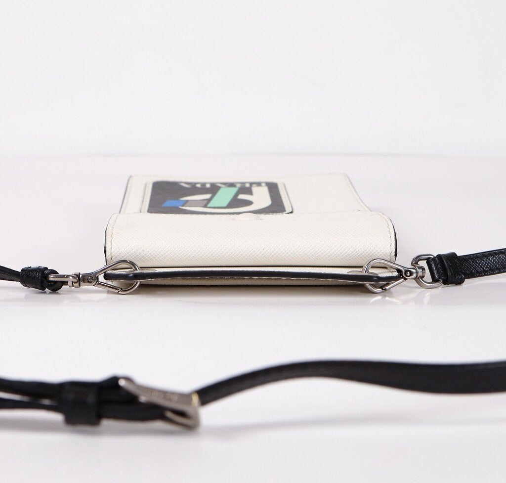 White and Black Saffiano Crossbody Phone Pouch