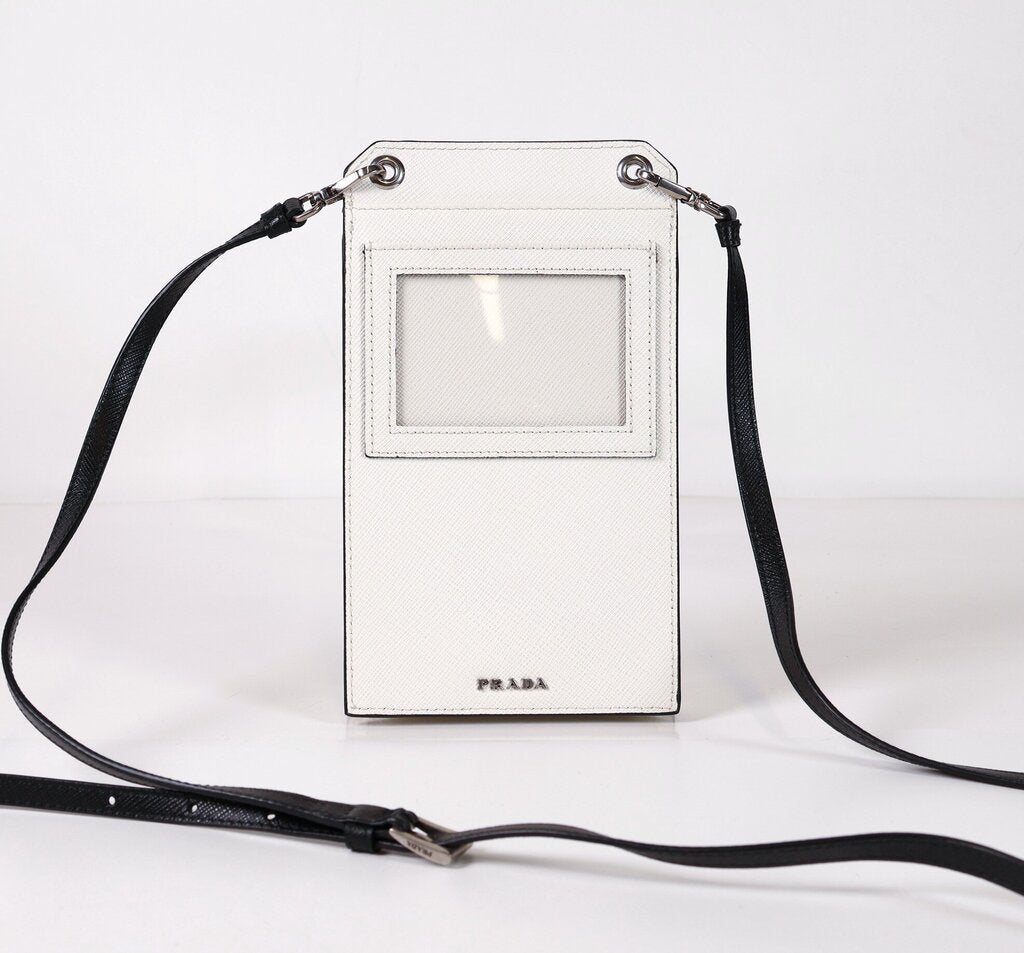 White and Black Saffiano Crossbody Phone Pouch