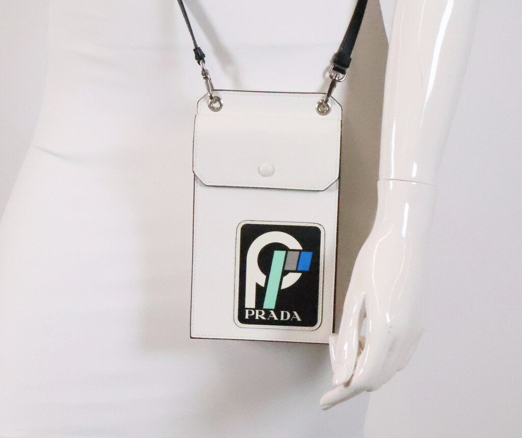 White and Black Saffiano Crossbody Phone Pouch
