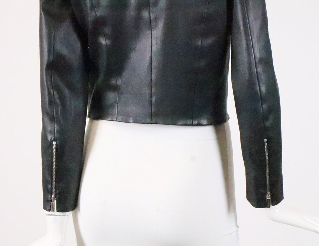 Black Round Neck Leather Jacket (M)