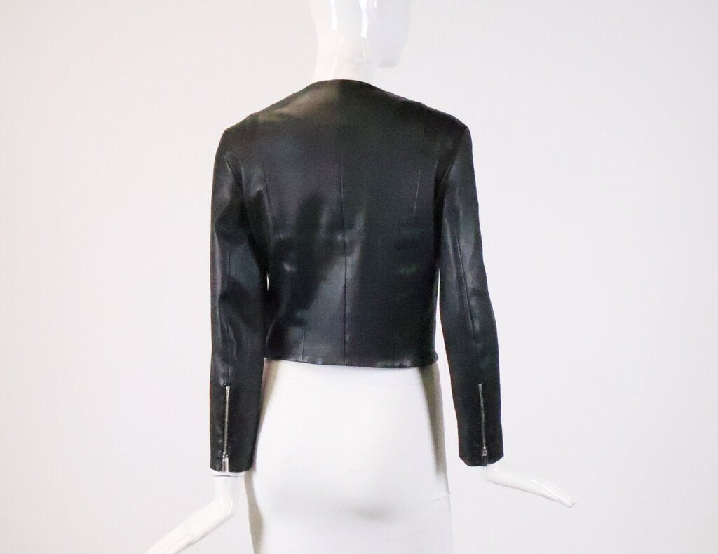 Black Round Neck Leather Jacket (M)