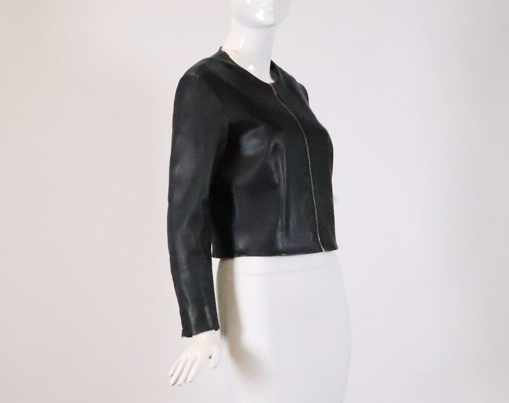 Black Round Neck Leather Jacket (M)