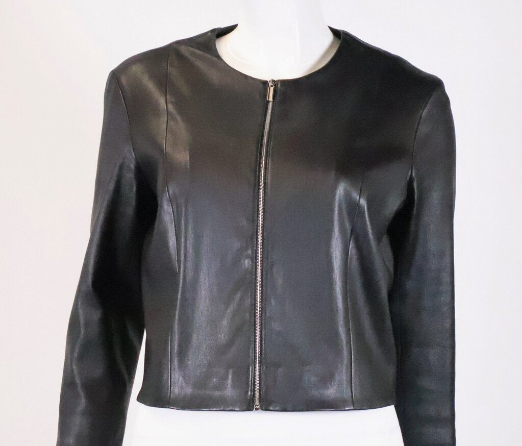 Black Round Neck Leather Jacket (M)