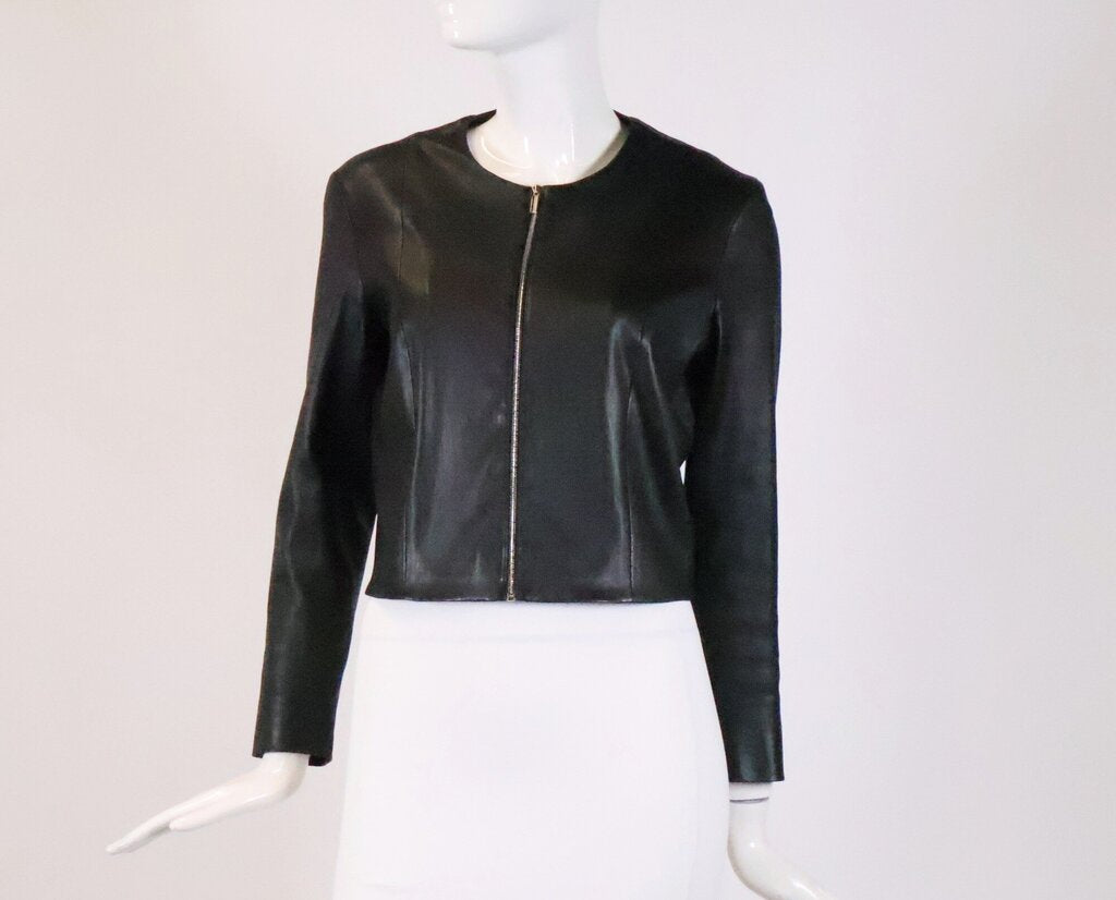 Black Round Neck Leather Jacket (M)