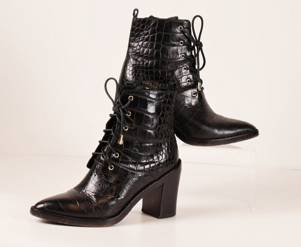 Black Crocodile Embossed Lace up Boot (7)