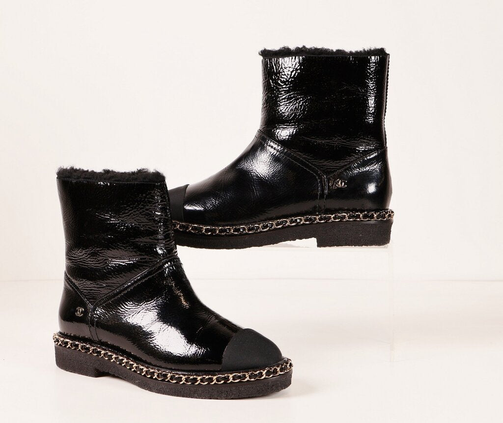(5/35) Black Patent Shearling Booties