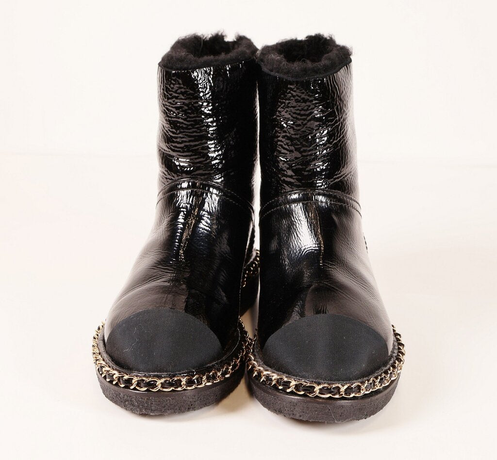 (5/35) Black Patent Shearling Booties