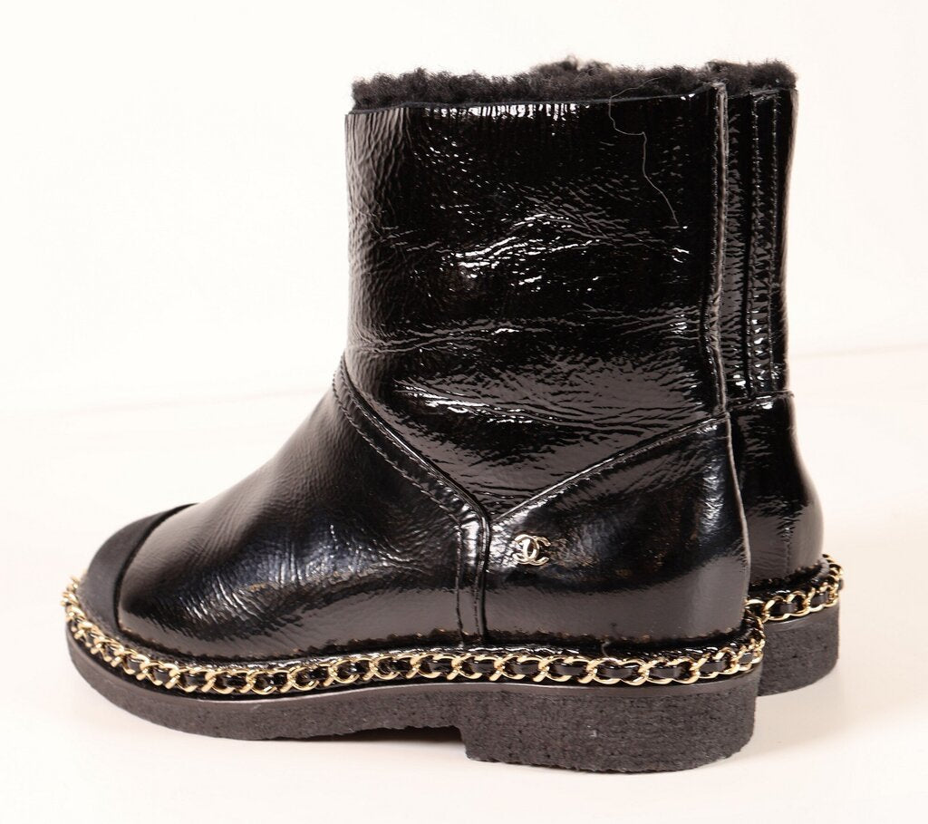 (5/35) Black Patent Shearling Booties