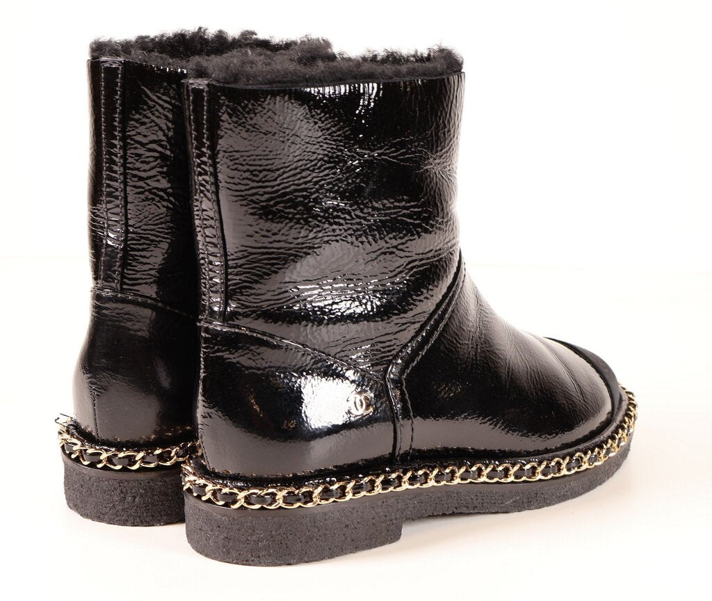 (5/35) Black Patent Shearling Booties