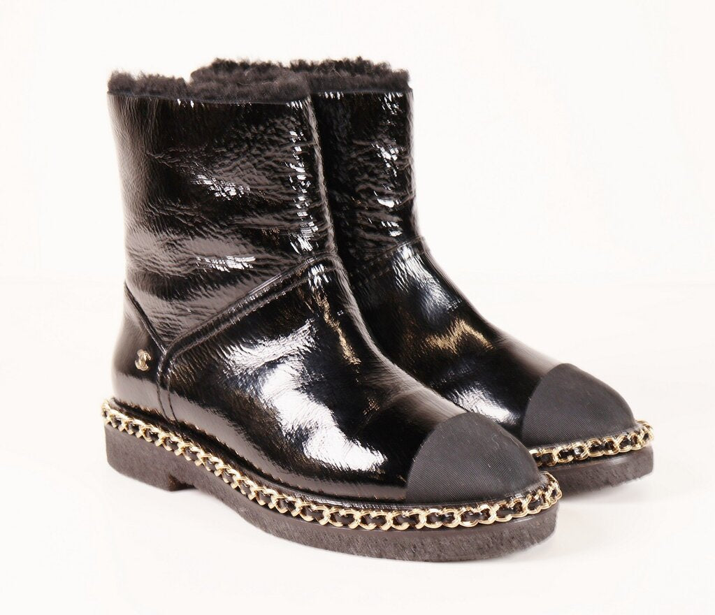 (5/35) Black Patent Shearling Booties