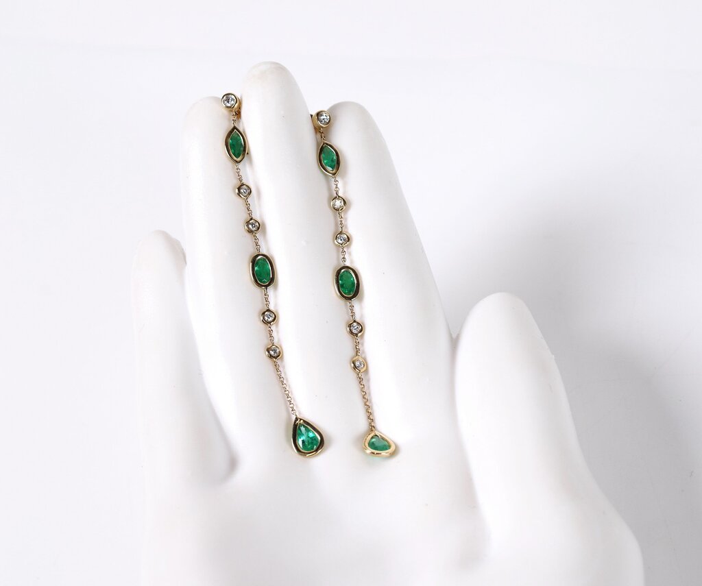 14K Gold Emerald and Diamond Shoulder Duster Earrings