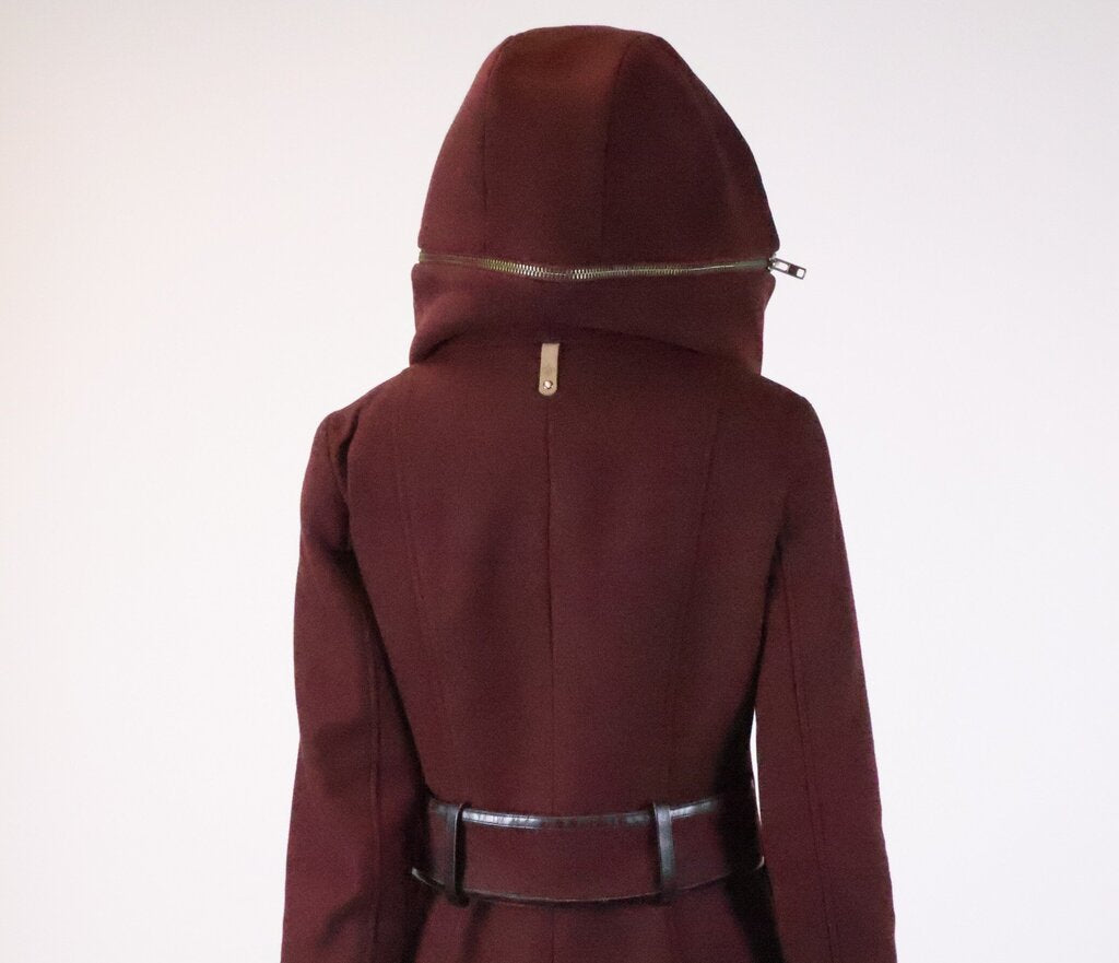 Burgundy Wool and Black Leather Coat (S)