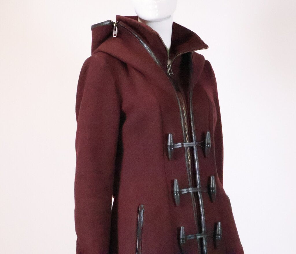 Burgundy Wool and Black Leather Coat (S)