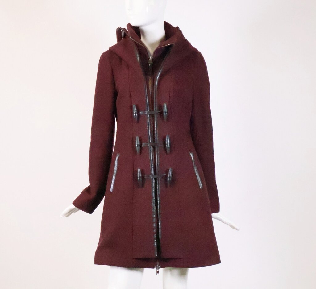 Burgundy Wool and Black Leather Coat (S)
