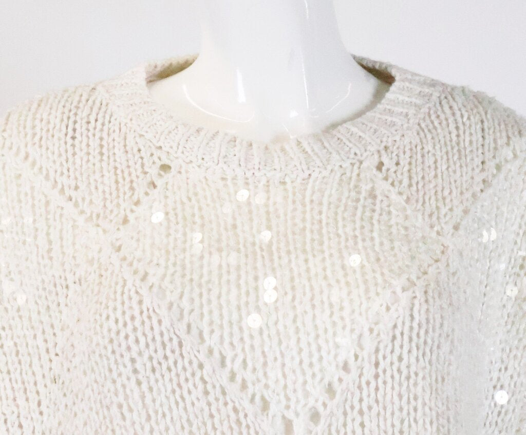 Cream Sequin Diamond Knit Pattern Sweater (M)