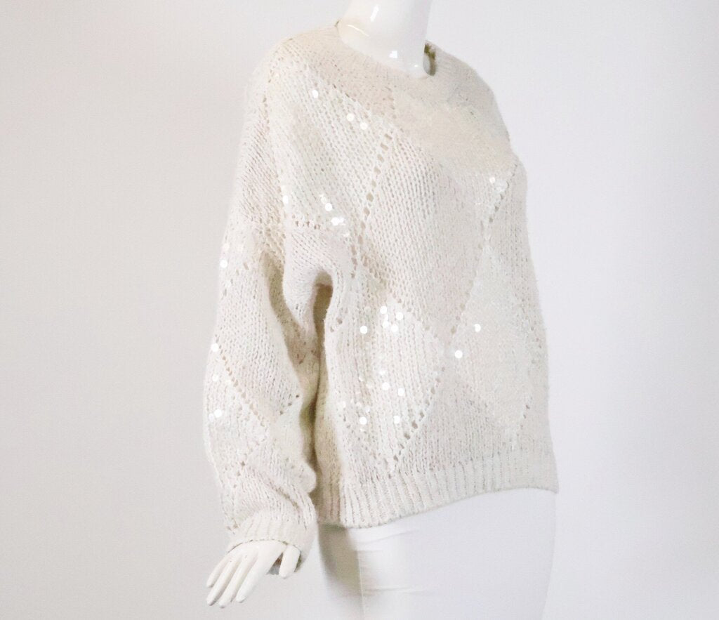 Cream Sequin Diamond Knit Pattern Sweater (M)