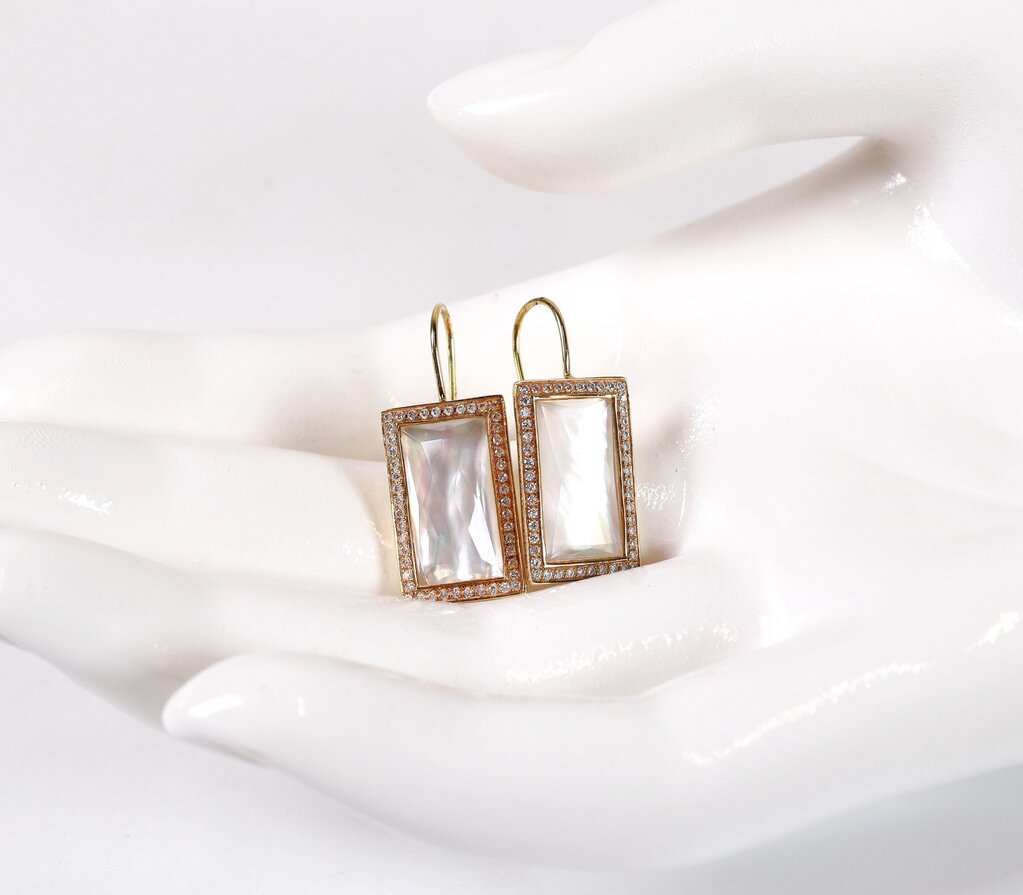 18K Gold Mother of Pearl and Quartz Earrings