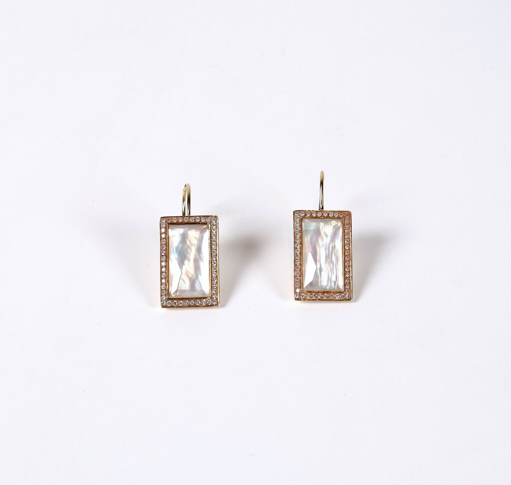 18K Gold Mother of Pearl and Quartz Earrings