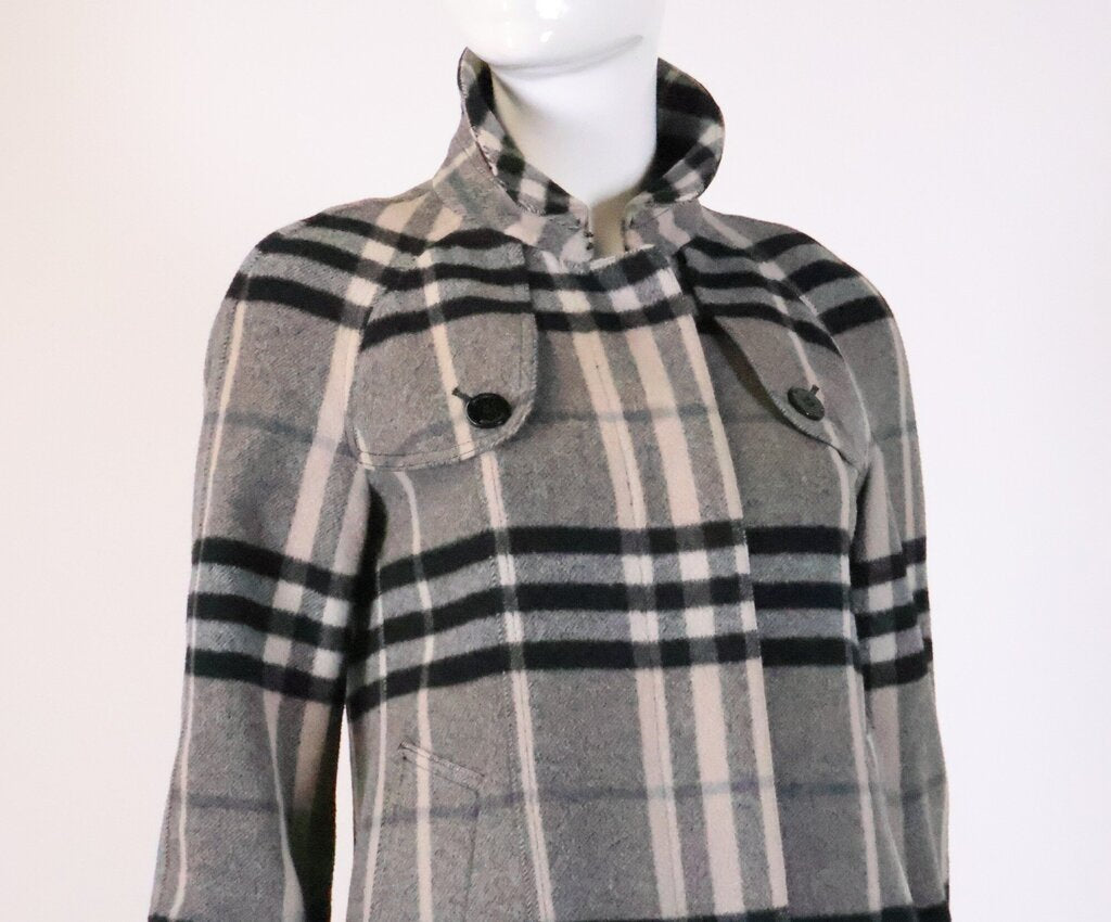 Burberry Black and Grey Plaid Wool Coat (S)