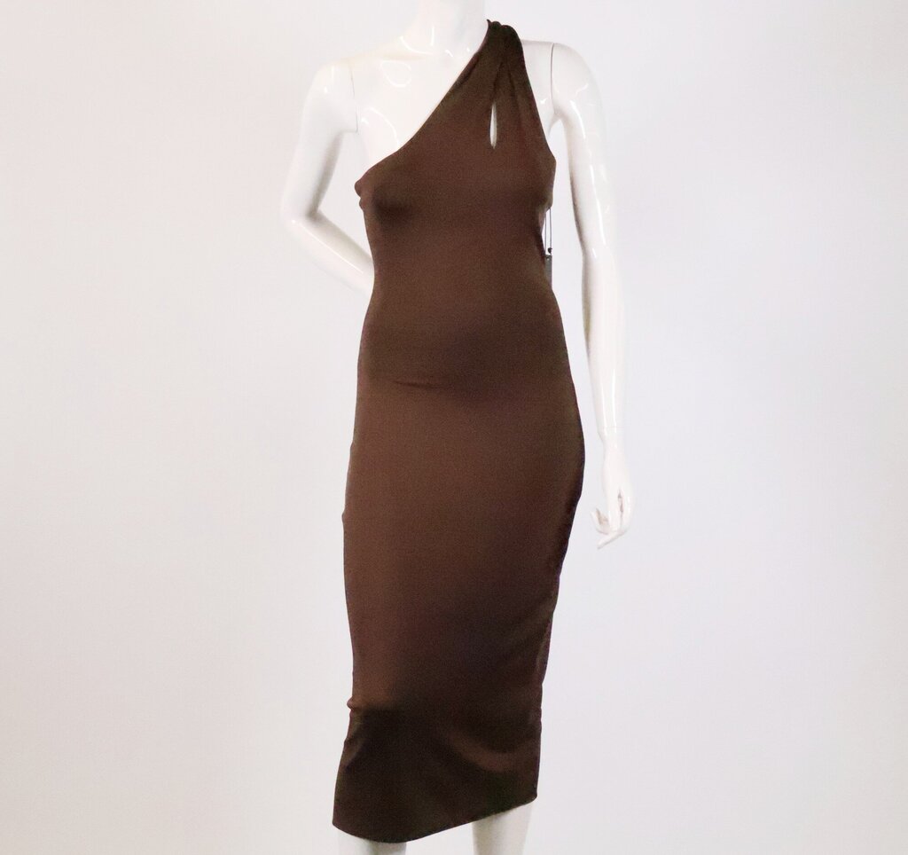 One Shoulder Glossy Brown Midi Dress (XS)
