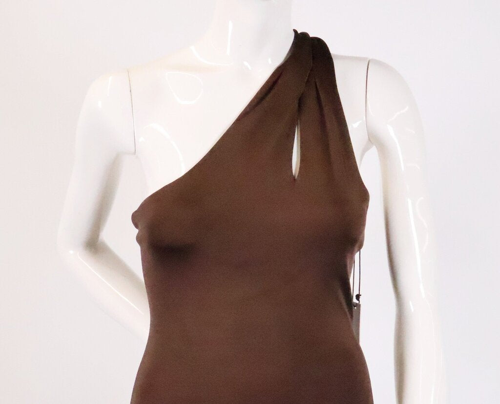 One Shoulder Glossy Brown Midi Dress (XS)