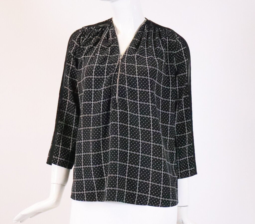 Black with White Grid and Polka Dots Silk Blouse (S)