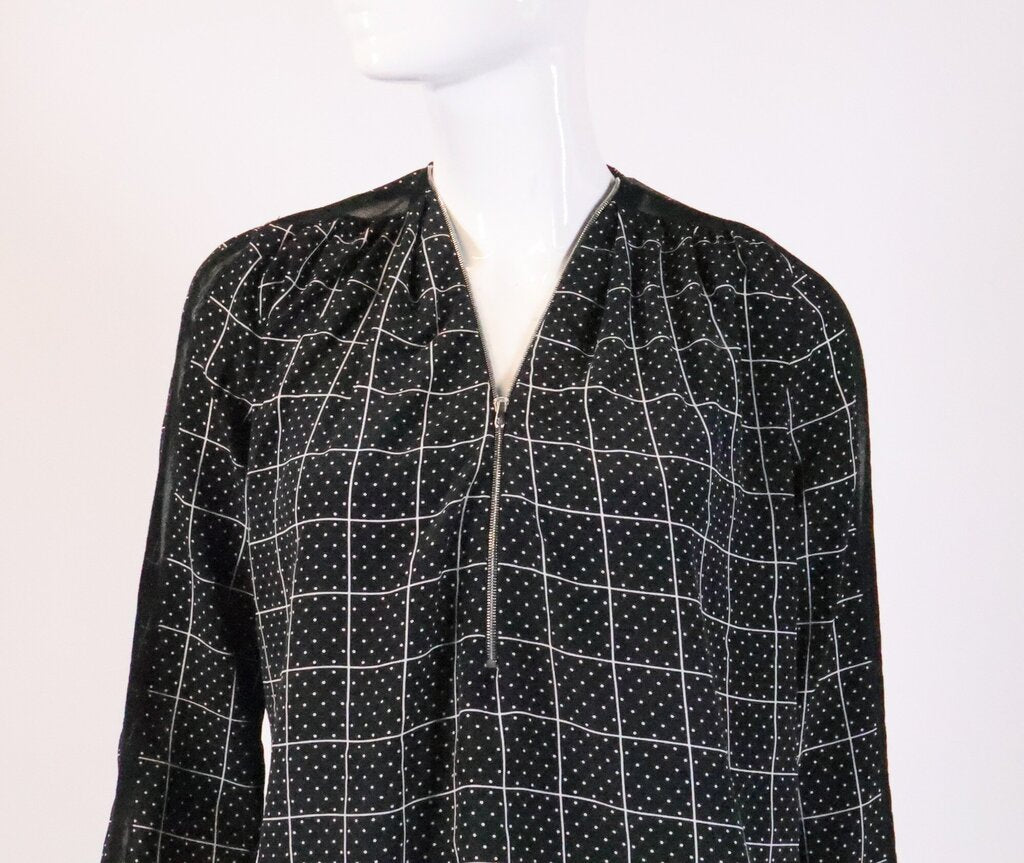 Black with White Grid and Polka Dots Silk Blouse (S)