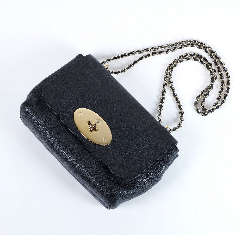 Black leather shoulder bag with chain strap and turn lock closure
