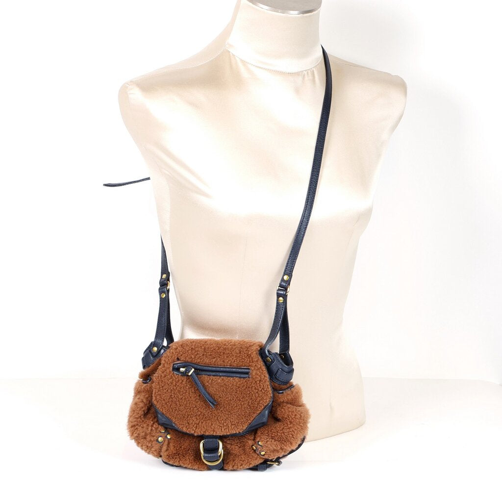 'Twee Mini' Brown Teddy and Navy Leather Crossbody