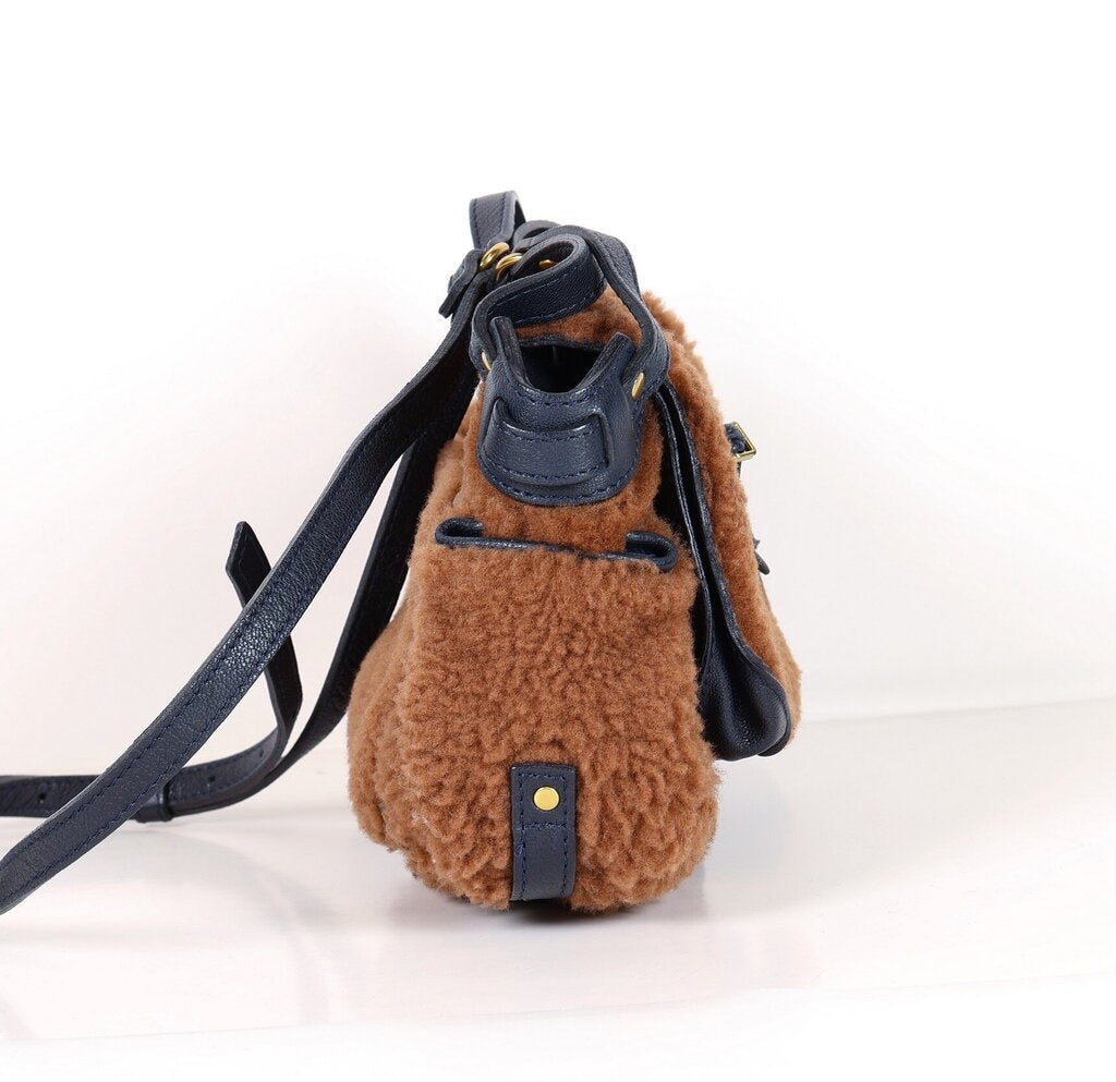 'Twee Mini' Brown Teddy and Navy Leather Crossbody
