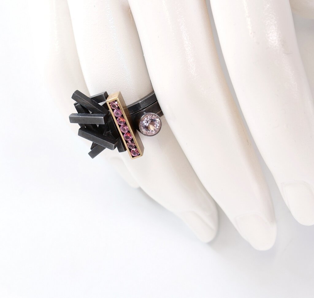 Oxidized Sterling 18K Morganite and Pink Sapphire Ring Trio (6.5)