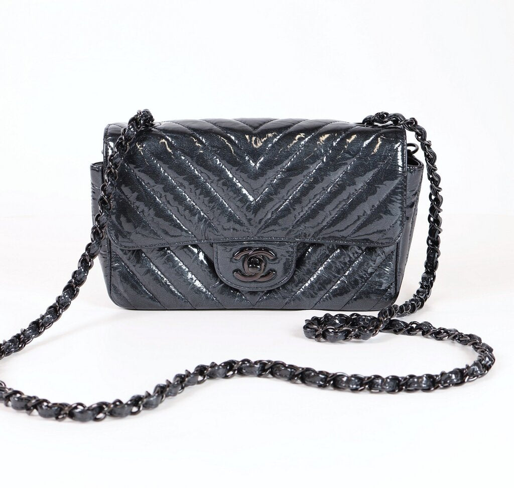 Chevron Patent Metallic Crumpled Mini Flap Bag