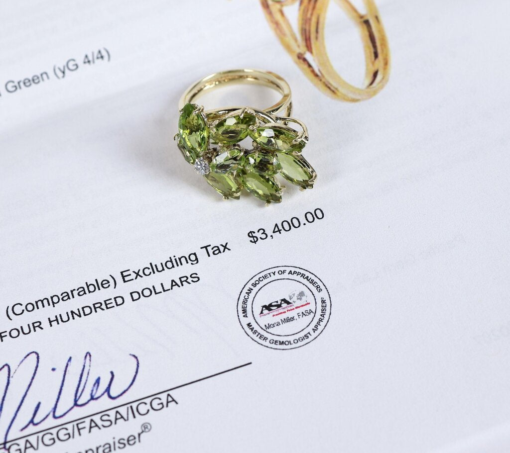 14K Gold Peridot and Diamond Cascade Ring (7.75)