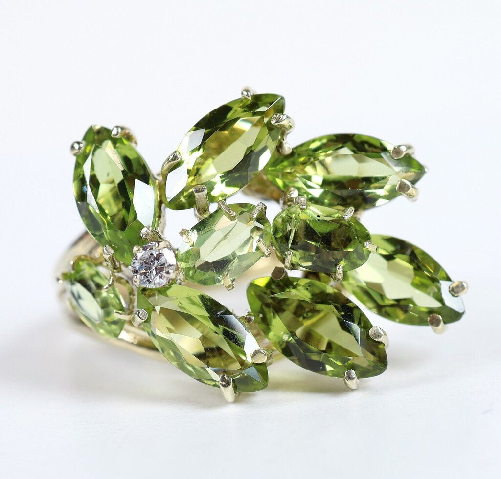 14K Gold Peridot and Diamond Cascade Ring (7.75)