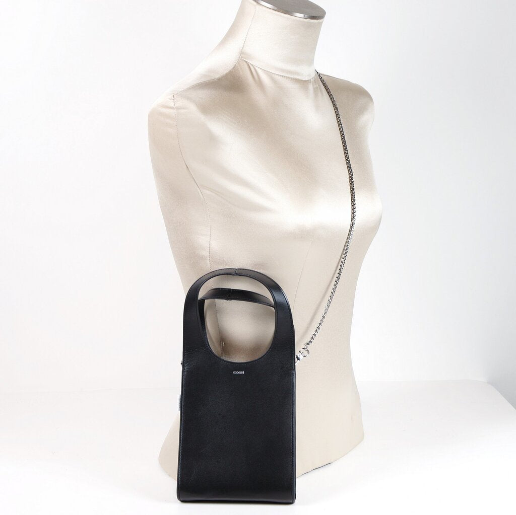 Black leather mini rectangle bag with silver crossbody strap