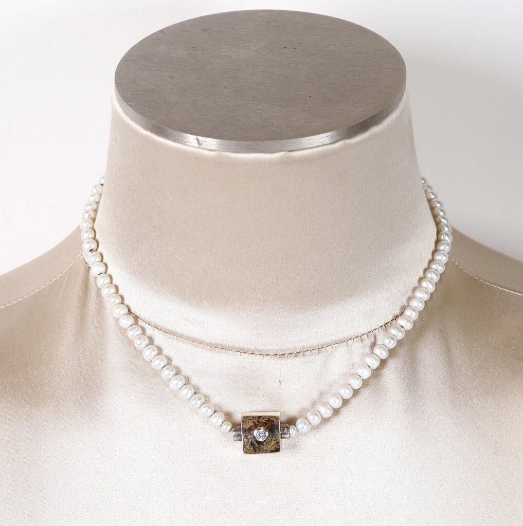 Sterling and Pearl Cube Pendant Necklace