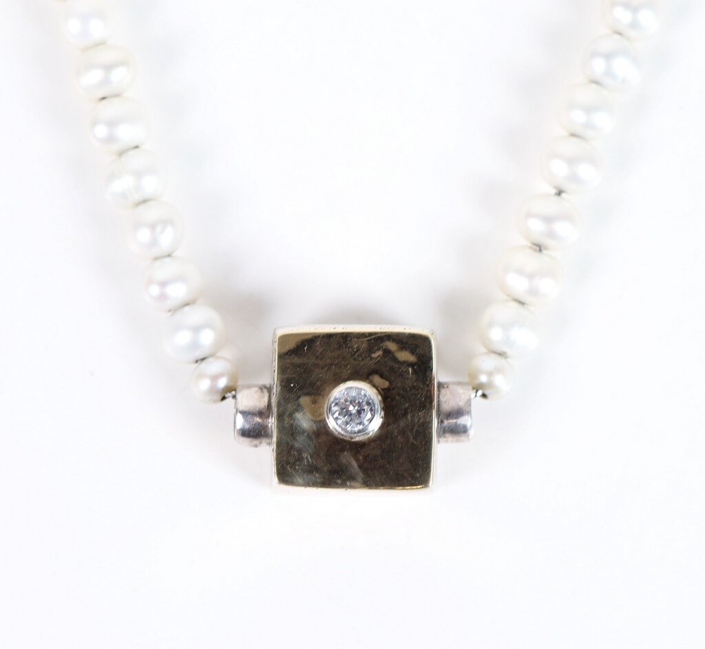 Sterling and Pearl Cube Pendant Necklace