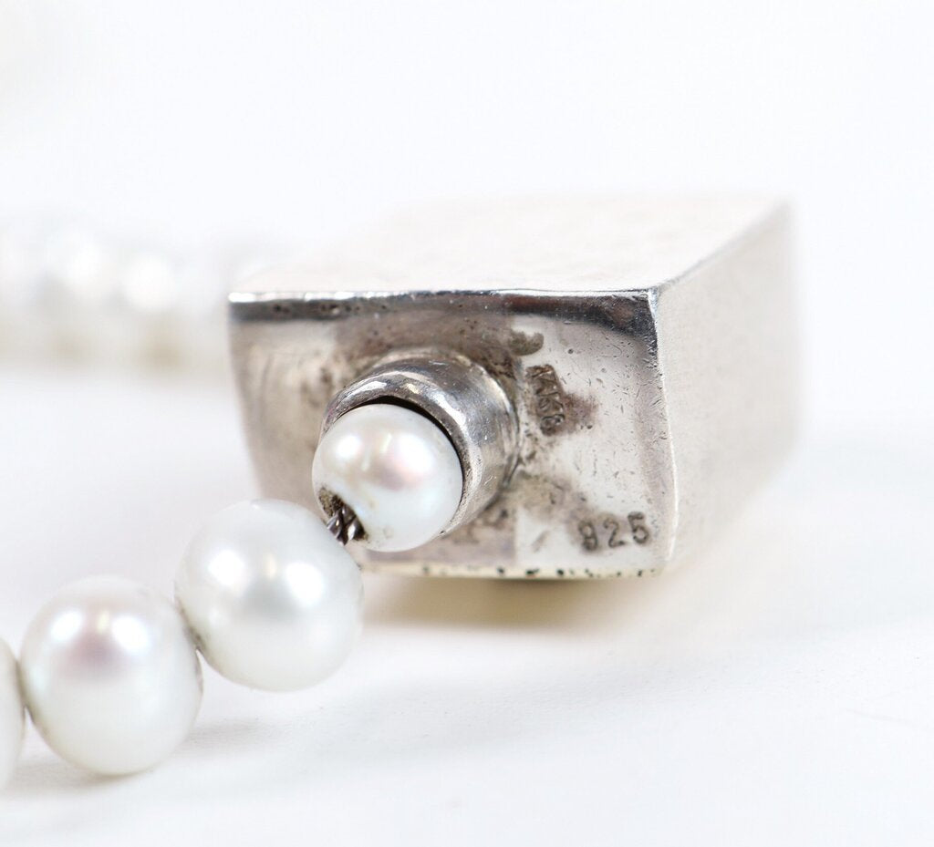 Sterling and Pearl Cube Pendant Necklace