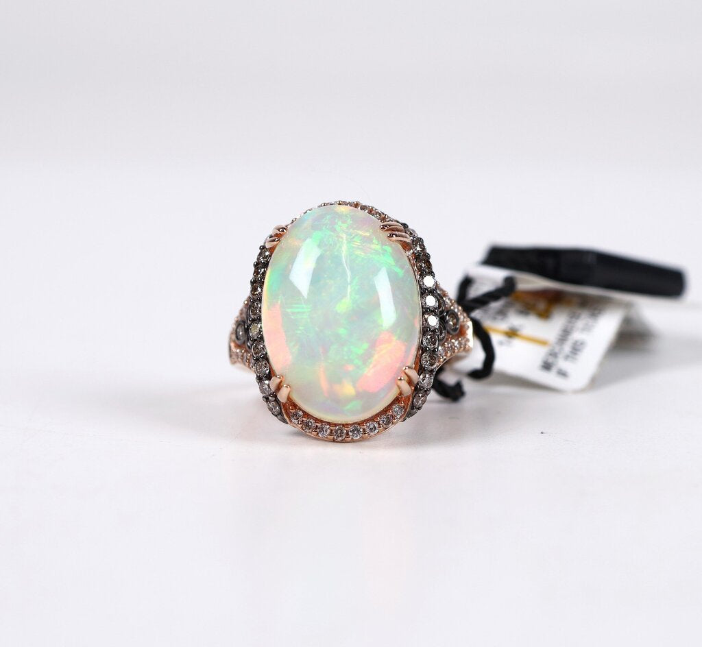 14K Rose Gold Oval Opal and Diamond Ring (6.5)