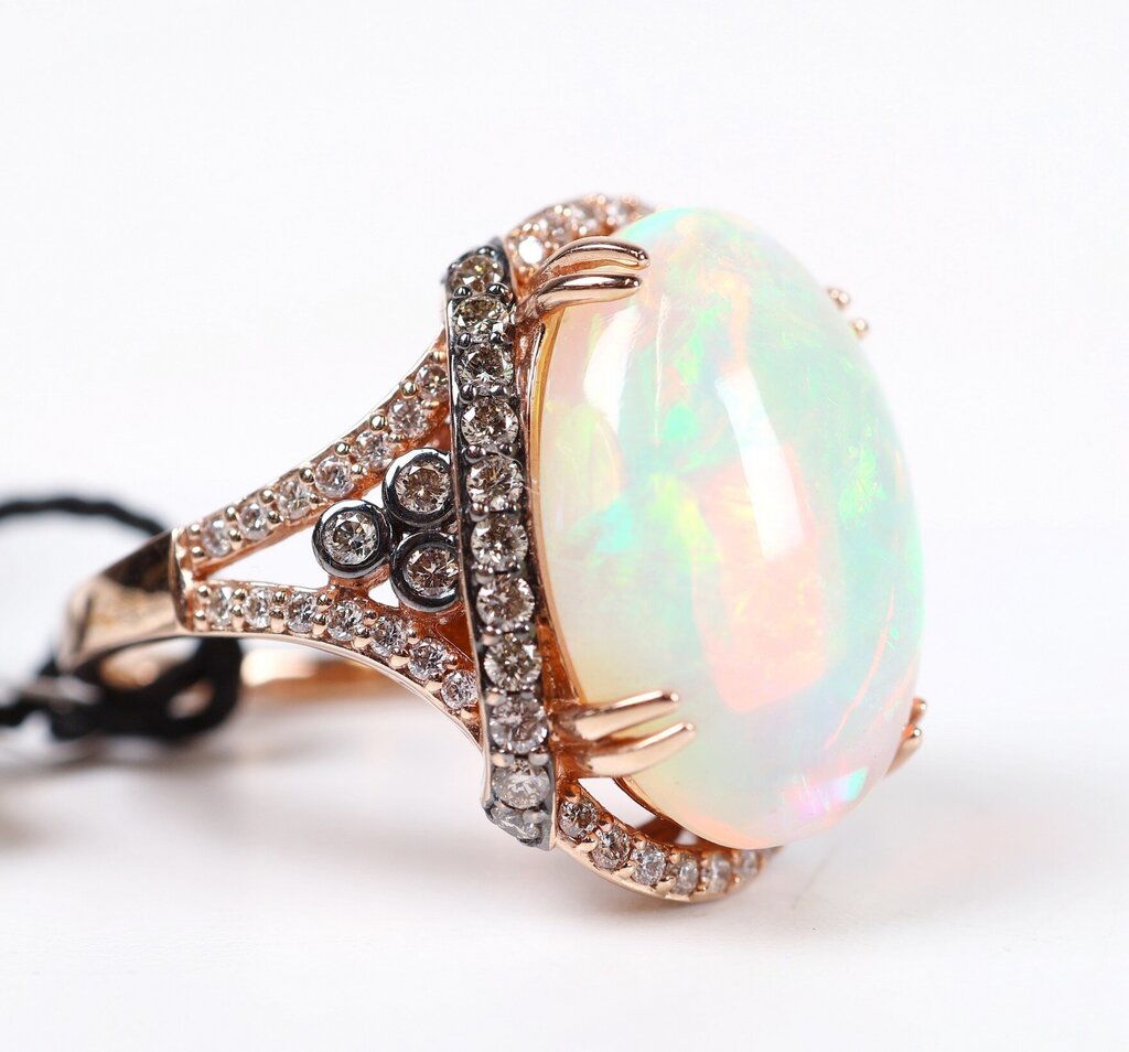 14K Rose Gold Oval Opal and Diamond Ring (6.5)