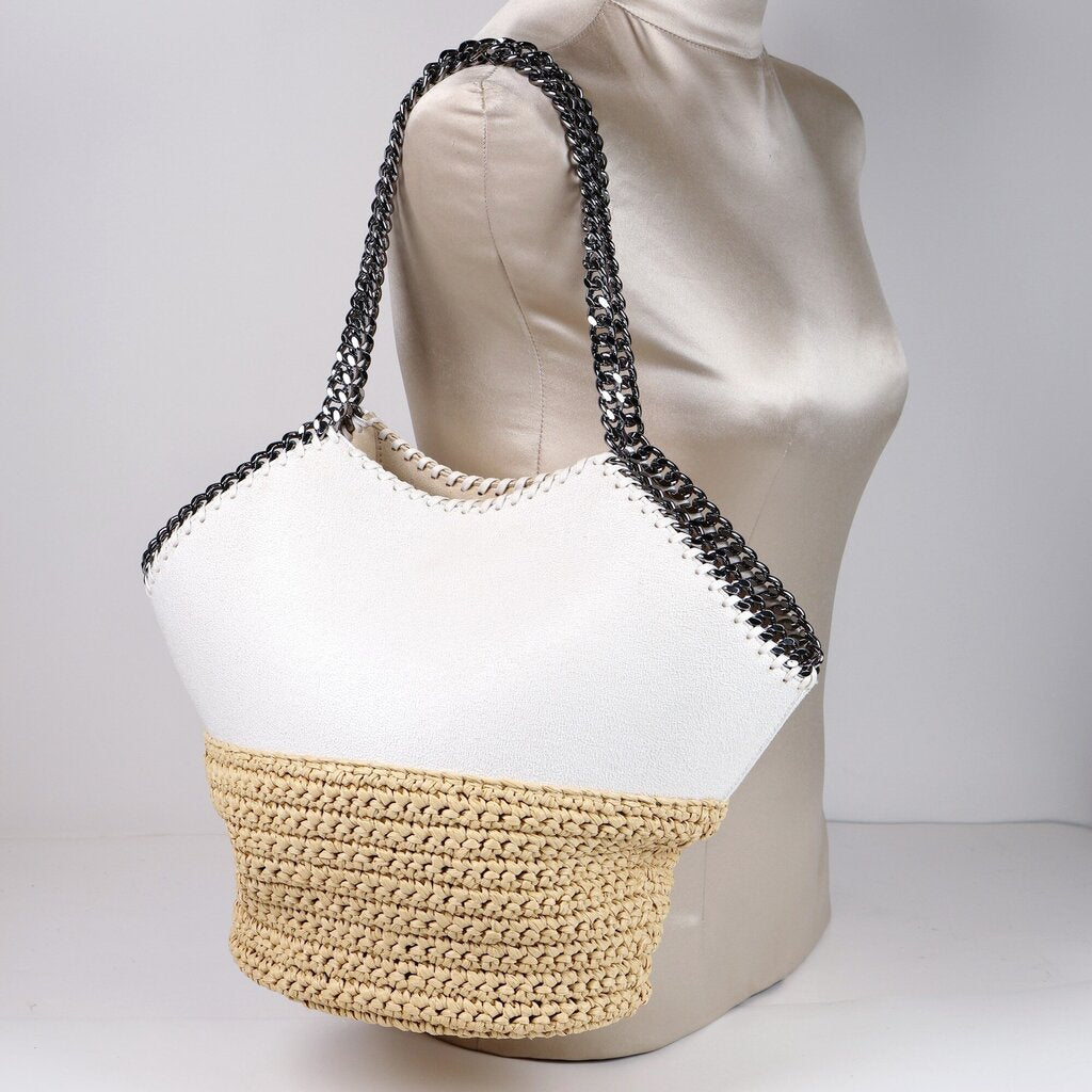 Raffia White Bucket Chain Tote