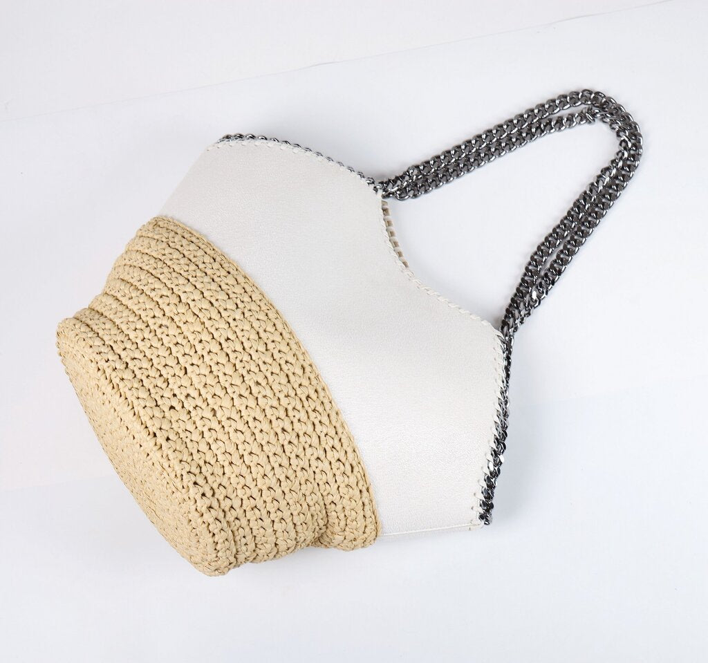 Raffia White Bucket Chain Tote