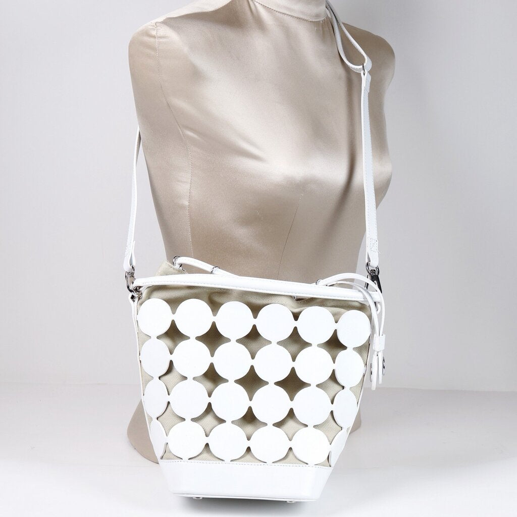 White 'Bulles' Circular Leather and Canvas Bucket Bag