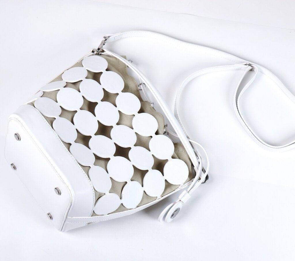 White 'Bulles' Circular Leather and Canvas Bucket Bag