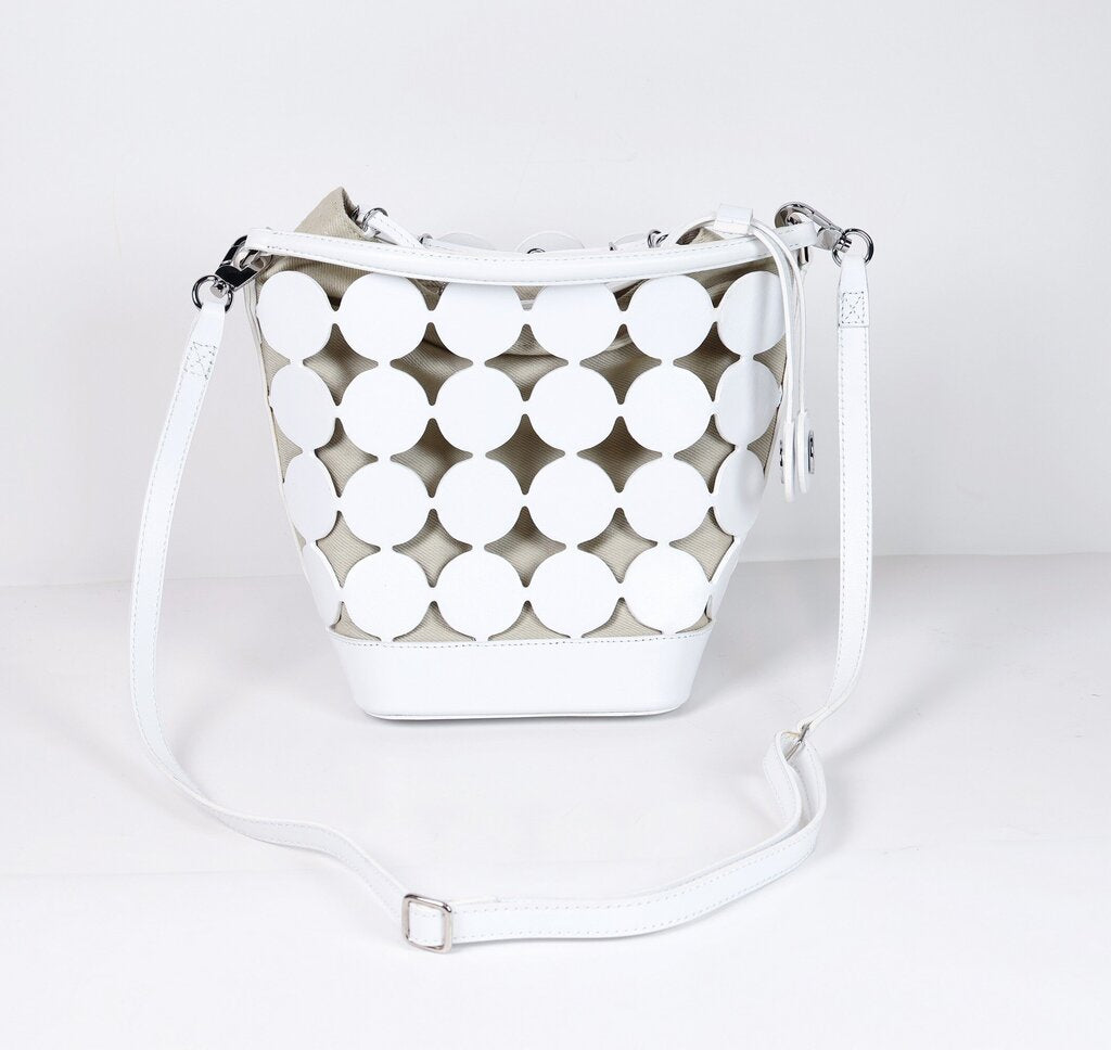 White 'Bulles' Circular Leather and Canvas Bucket Bag