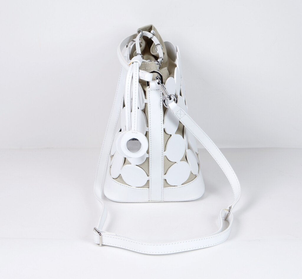 White 'Bulles' Circular Leather and Canvas Bucket Bag