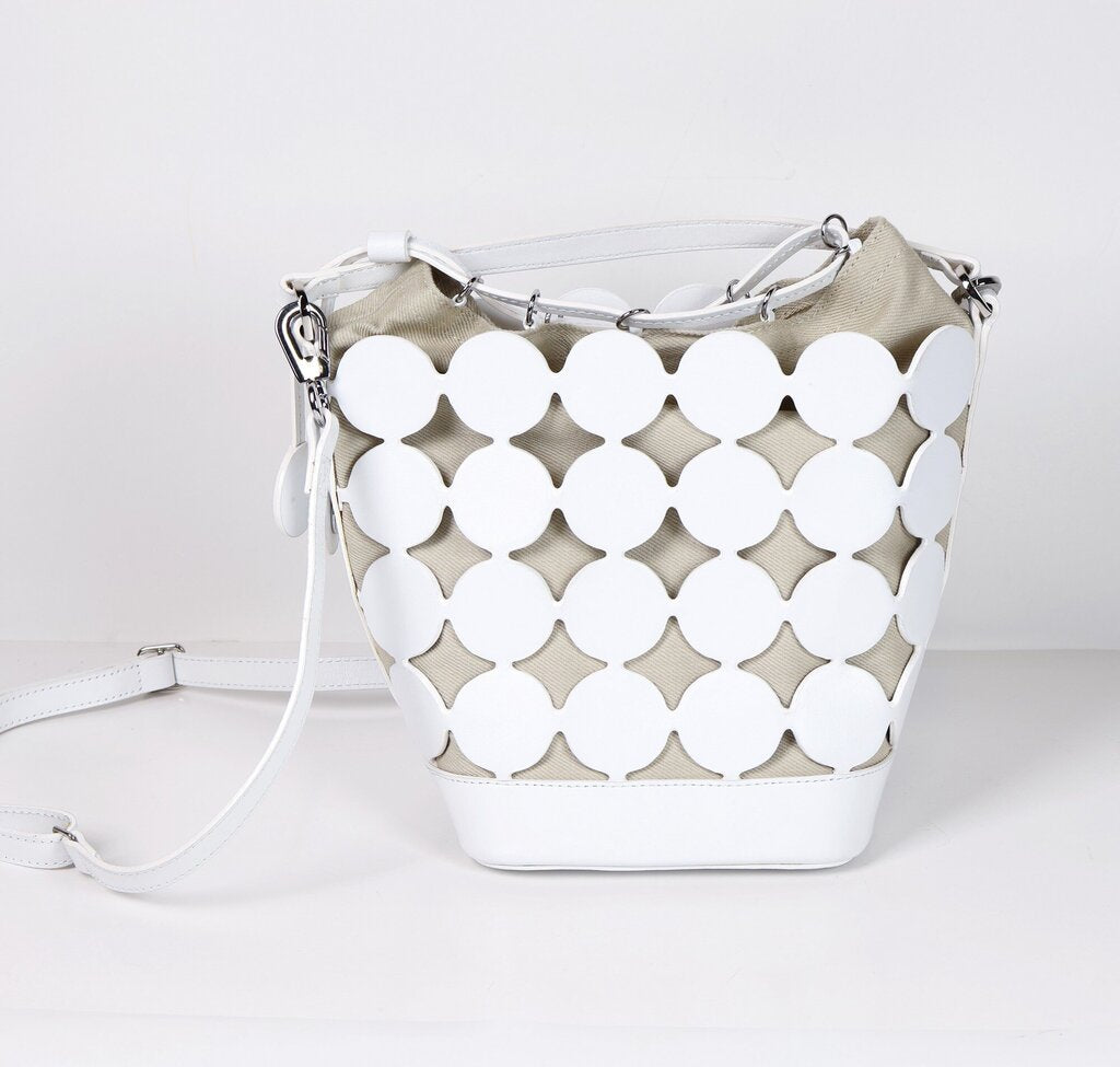 White 'Bulles' Circular Leather and Canvas Bucket Bag